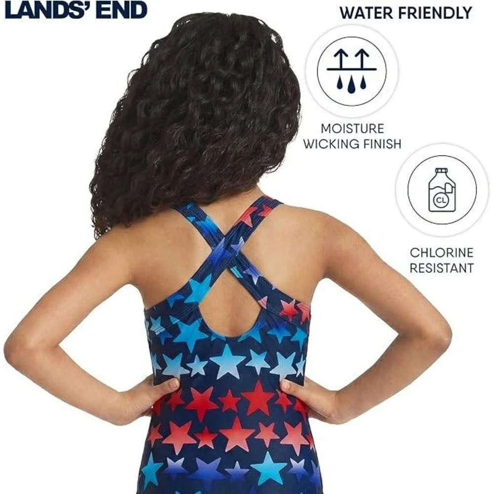 Lands End Girls Star Print One Piece Swimsuit Red Blue White Size M 8 UPF 50+